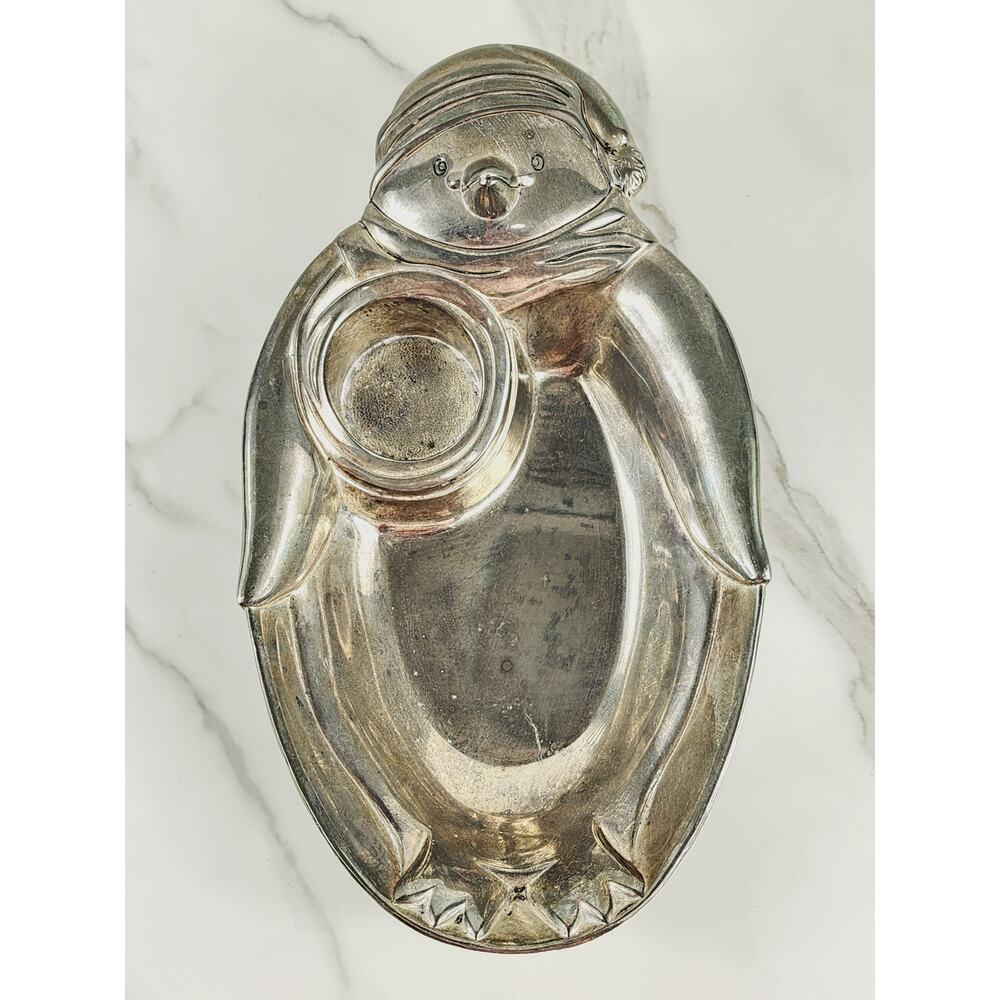 Christmas Towle Serving Tray Candy Dish Silverplated Penguin Shaped 12" Holidays